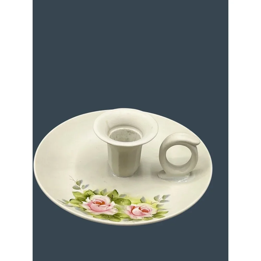 Vtg Hand-Painted Floral Porcelain Chamberstick Candle Holder Cottage Shabby Chic